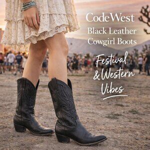 Code West Cowgirl Boots Black SZ7M Leather Western Classic Point Toe Rodeo